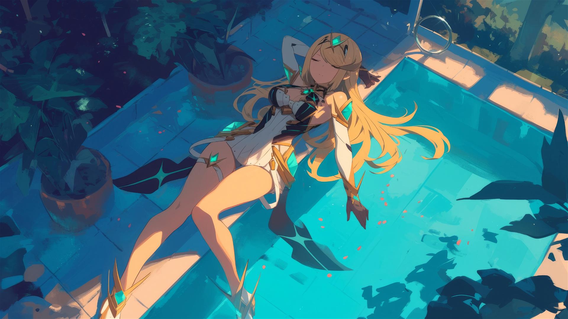 Mythra from Xenoblade Chronicles resting by poolside in moonlight