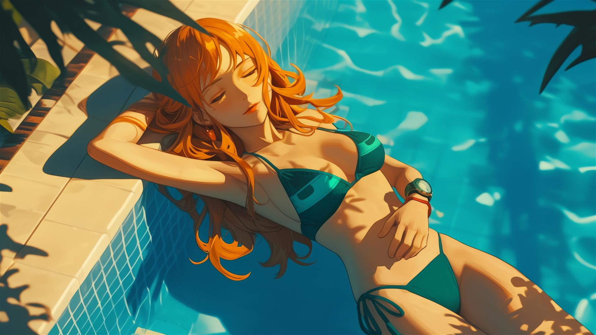Nami from One Piece resting by pool under moonlight