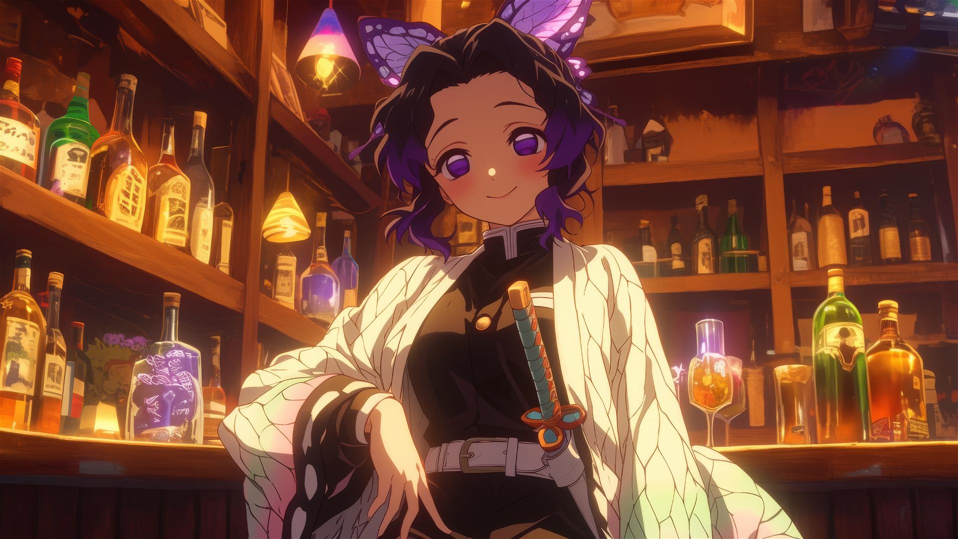 Shinobu Kocho from Demon Slayer in a traditional Japanese bar setting