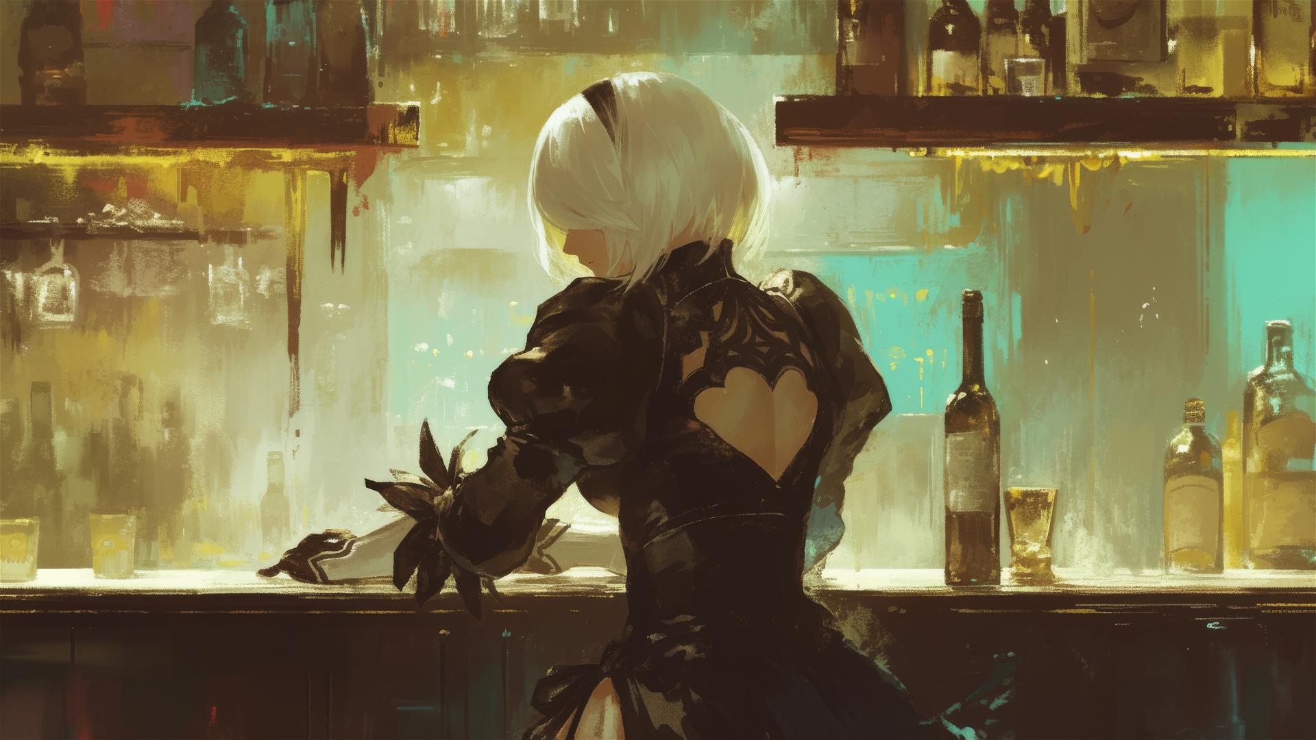 2B from Nier sitting in a bar setting