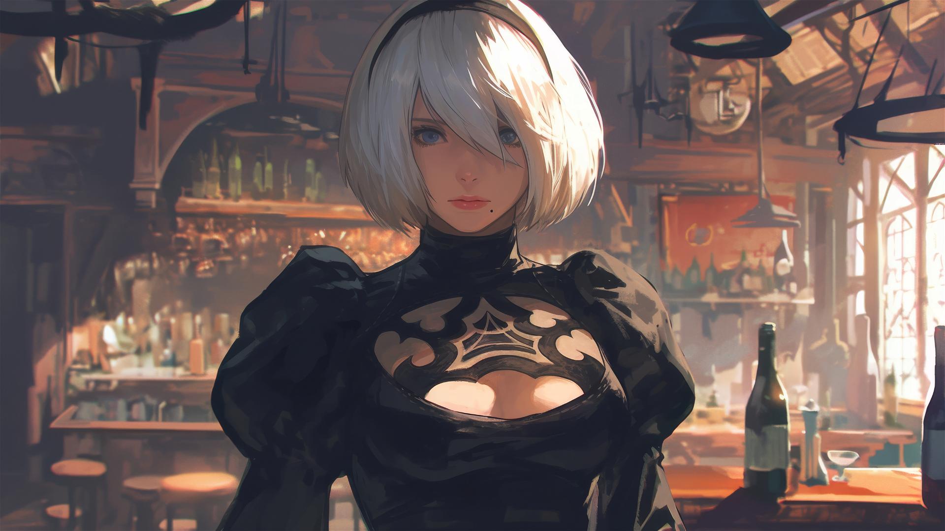 2B from Nier sitting at a bar