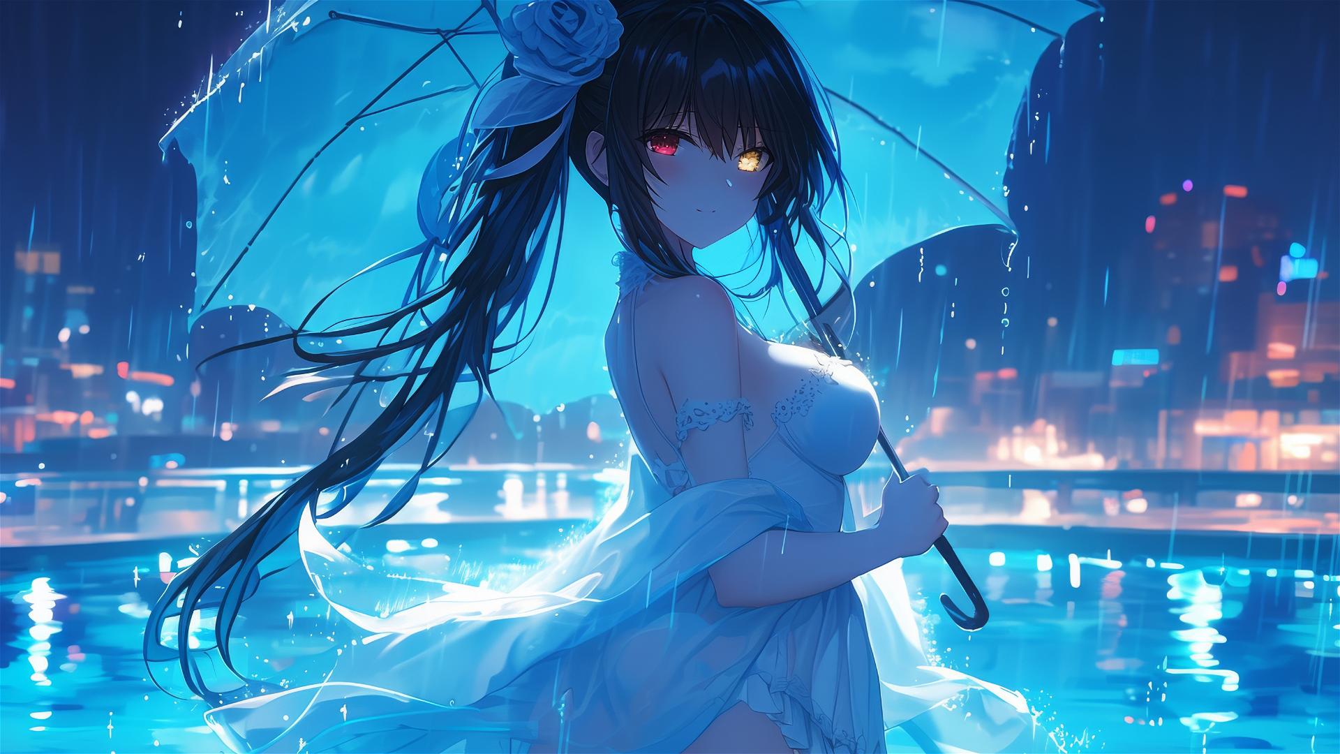 Kurumi Tokisaki in moonlit pool, red and yellow eyes