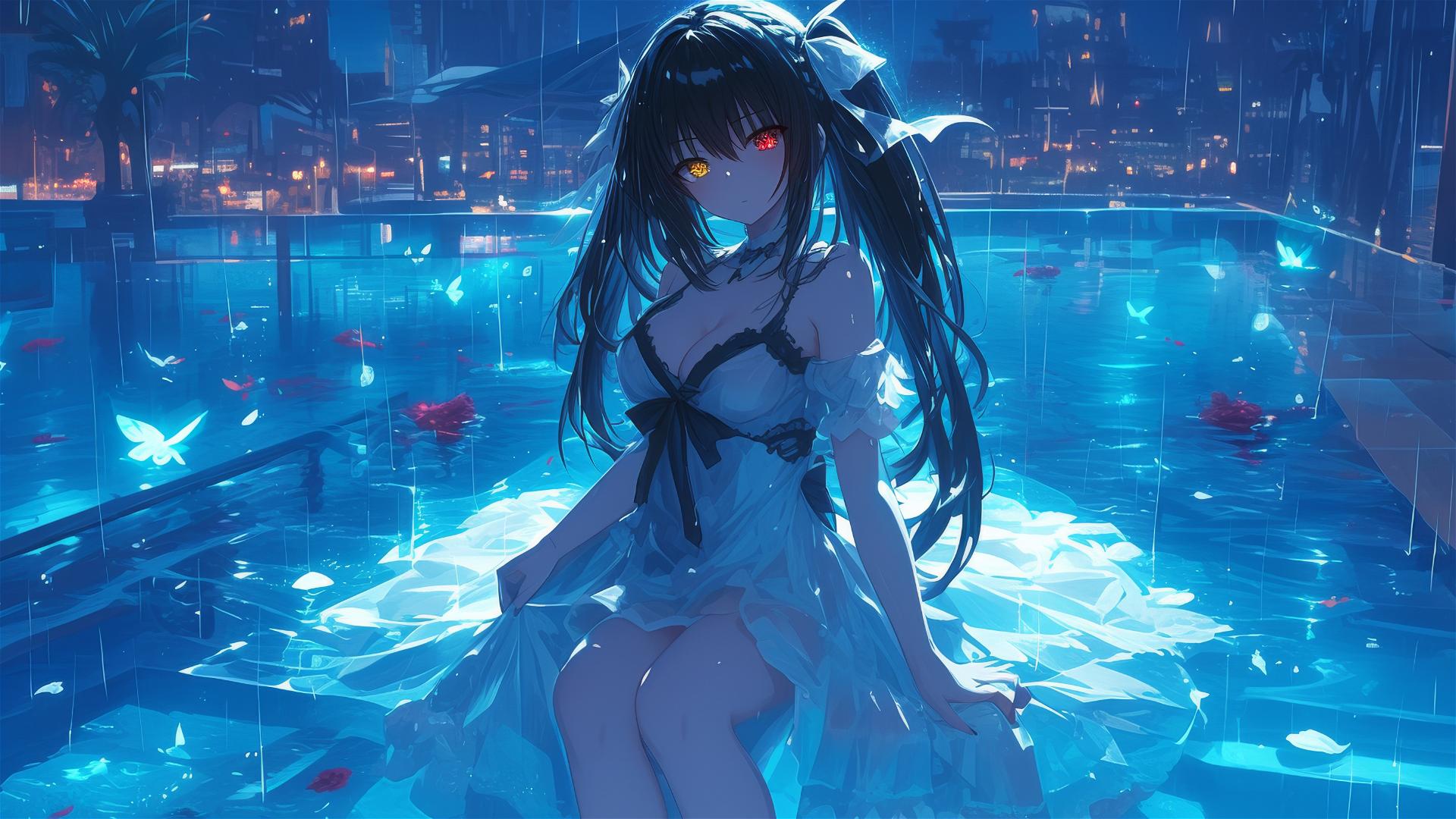 Kurumi Tokisaki in white, in a moonlit rainy pool with red and yellow eyes