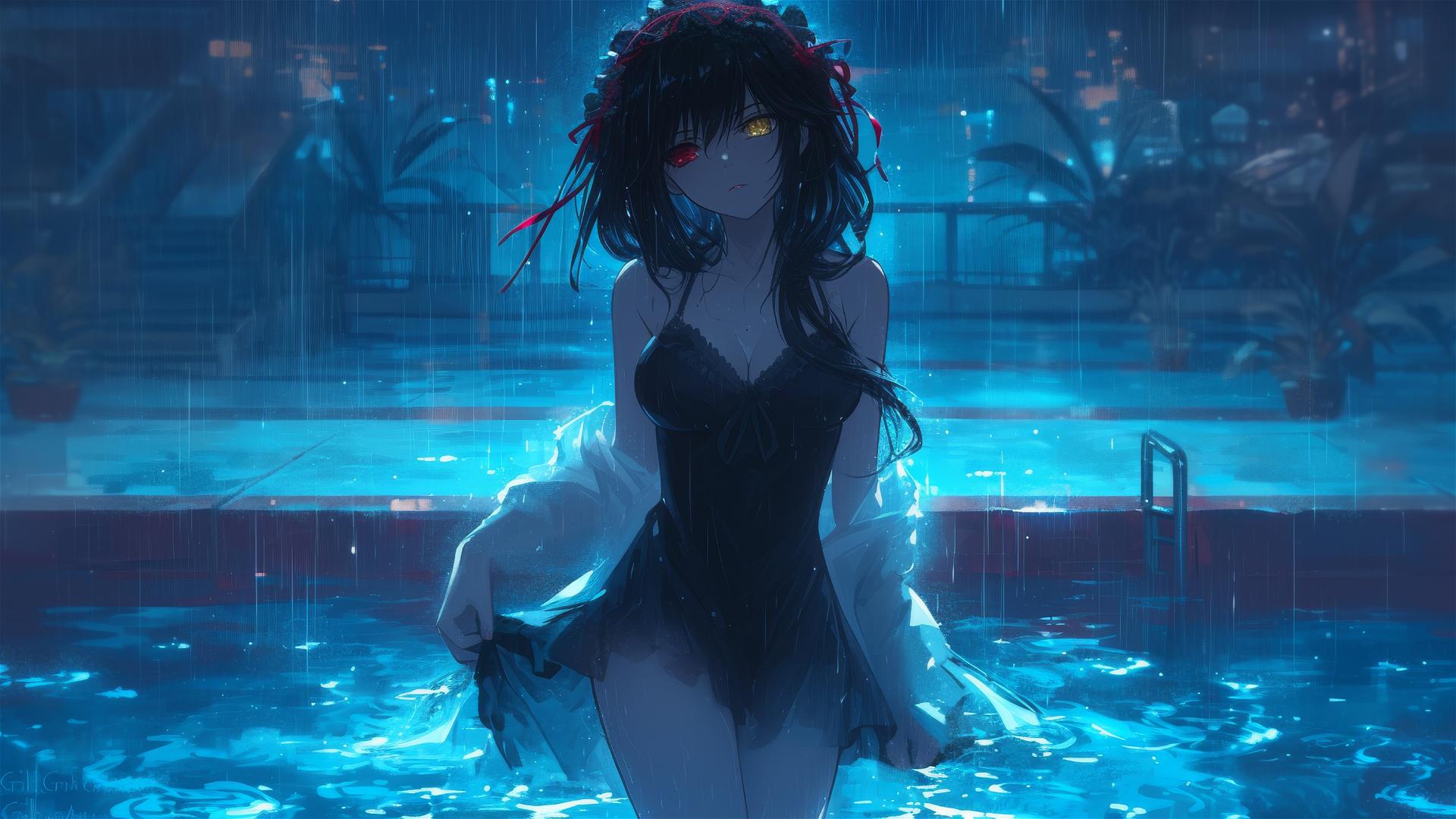 Kurumi Tokisaki from Date A Live in rainy pool, moonlit white dress, red and yellow eyes