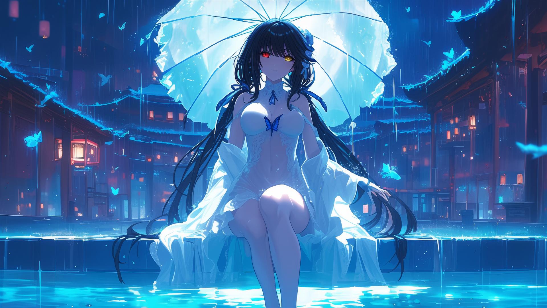 Kurumi Tokisaki from Date A Live in a rainy pool with moonlight glow