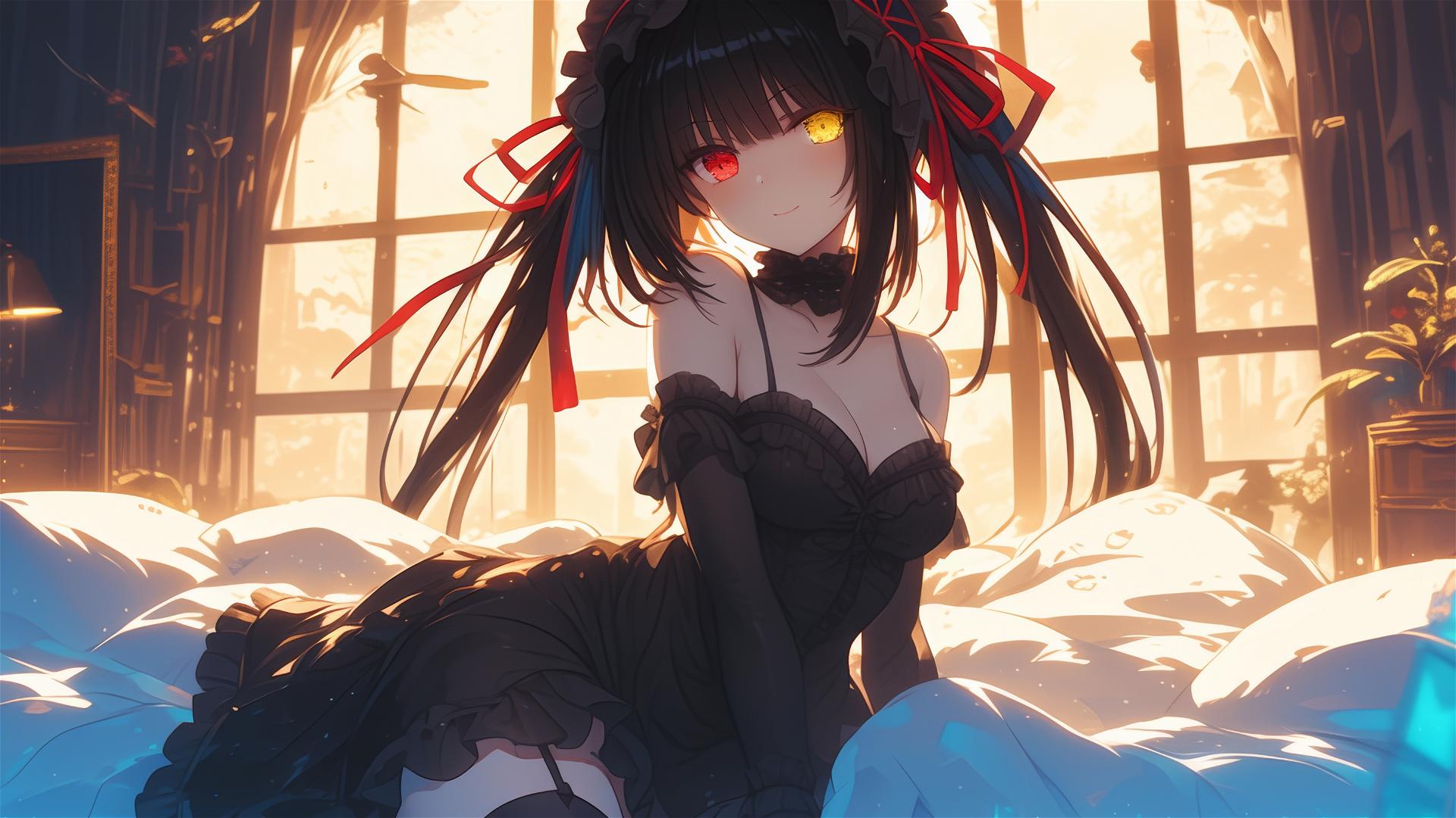 Kurumi Tokisaki from Date A Live in bedroom with moonlight on white dress, red and yellow eyes