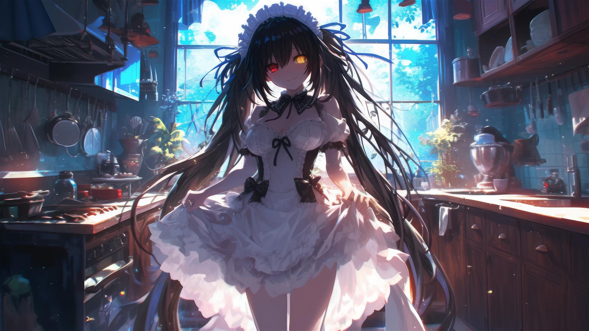 Kurumi Tokisaki in kitchen, moonlit white dress, red and yellow eyes