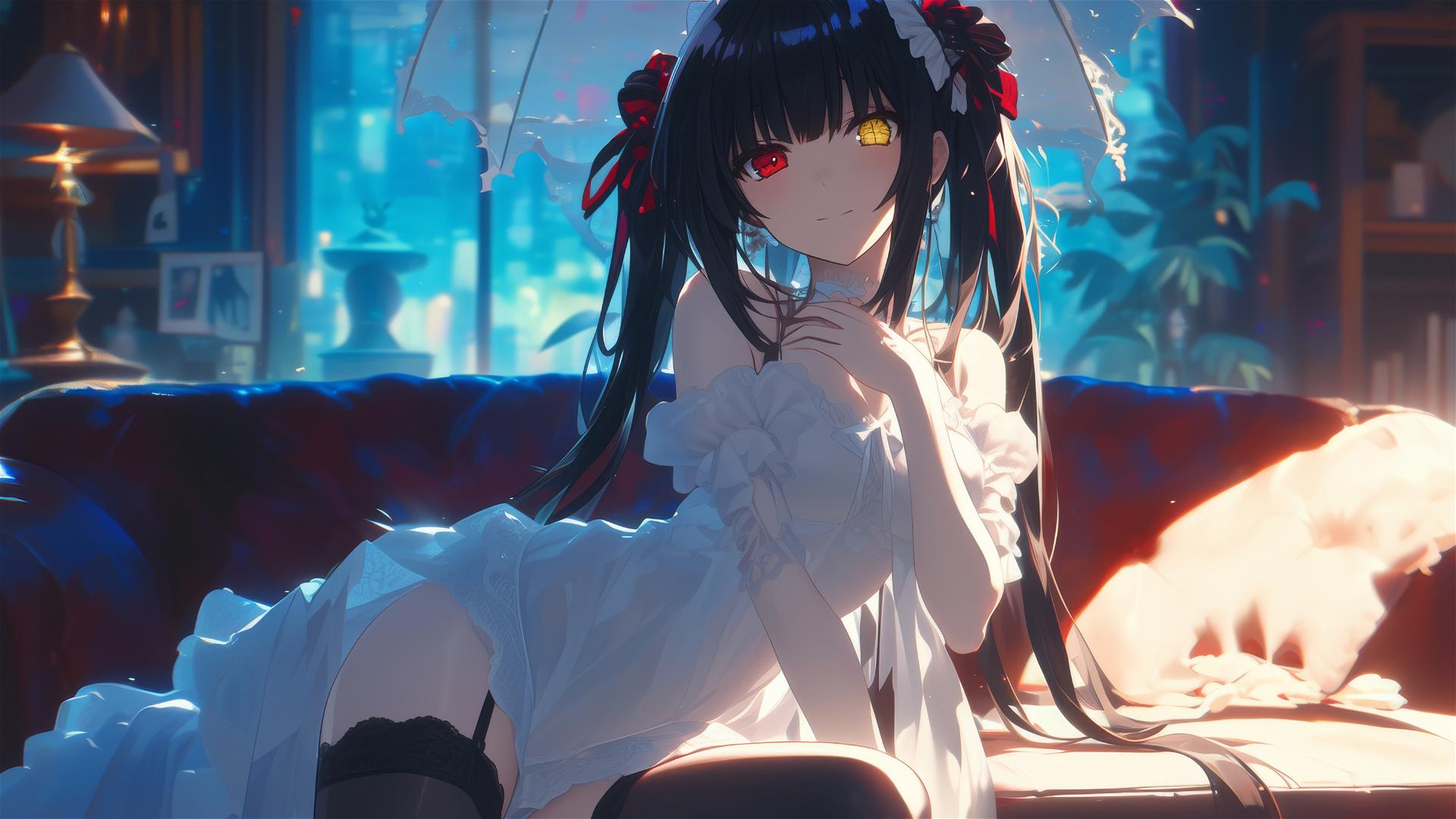 Kurumi Tokisaki from Date A Live resting in moonlight with dual-colored eyes