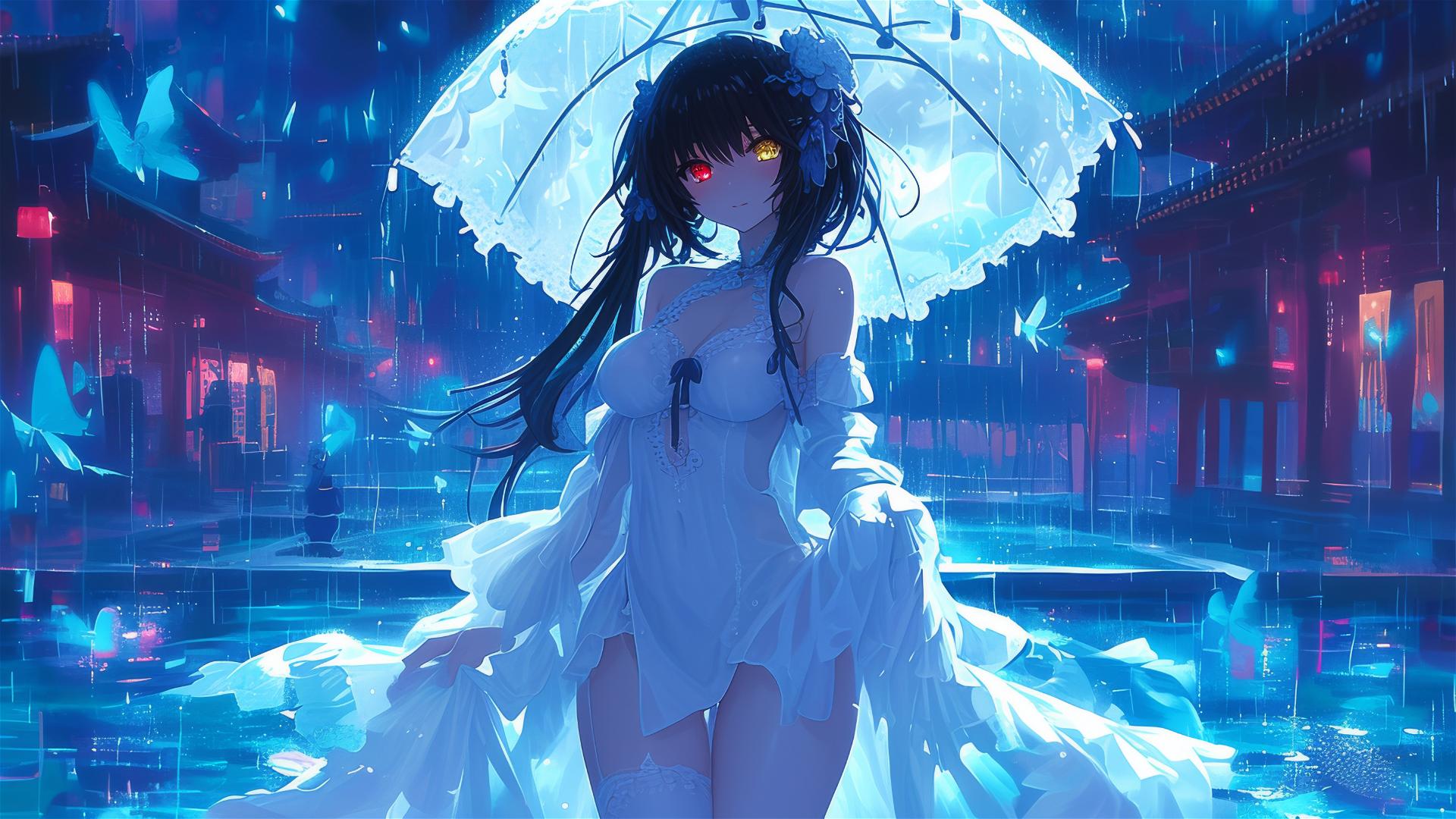 Kurumi Tokisaki from Date A Live in a white dress at a rainy pool under moonlight