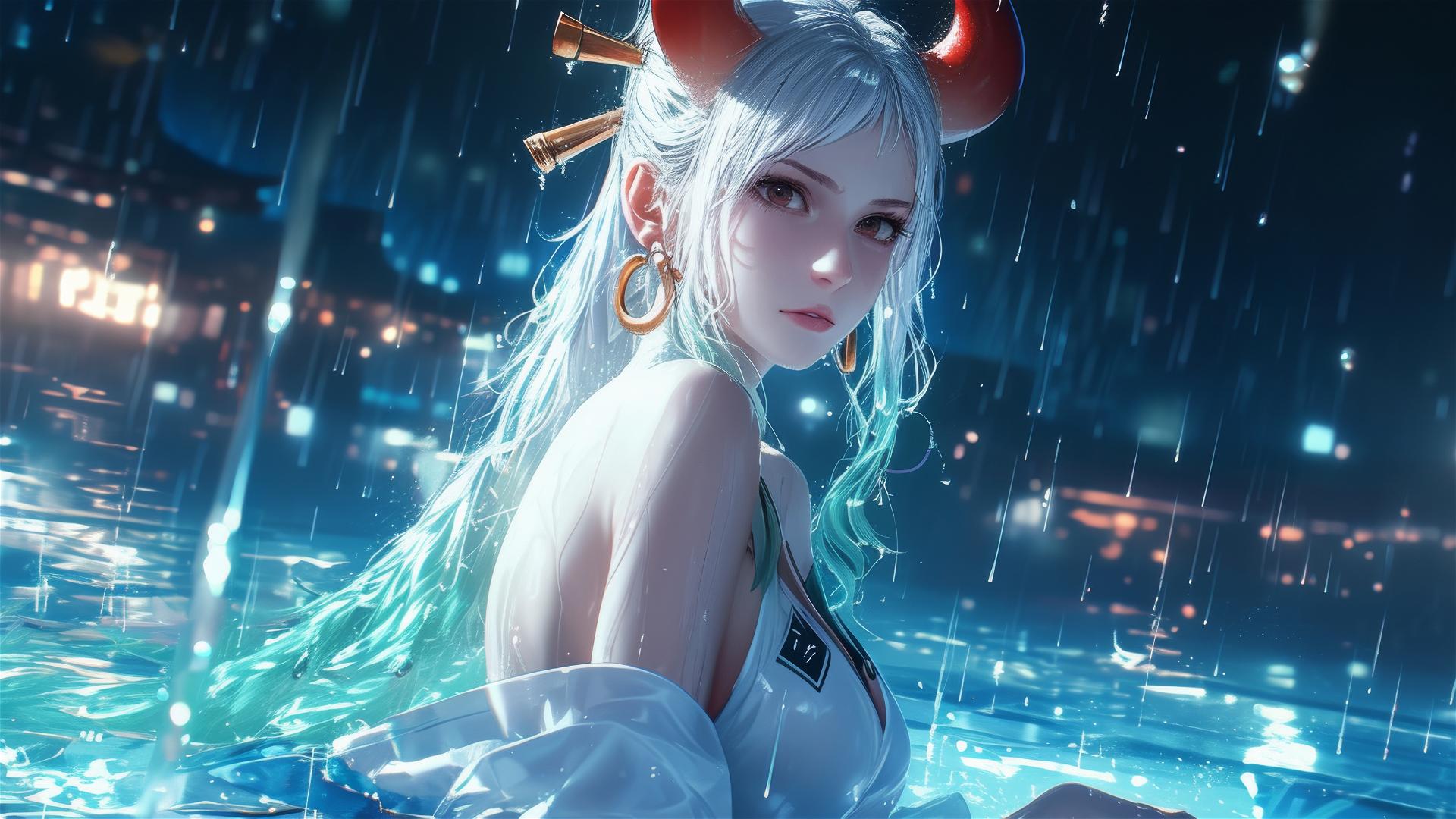 Yamato from One Piece standing in a pool under the moonlight, rainy surreal setting