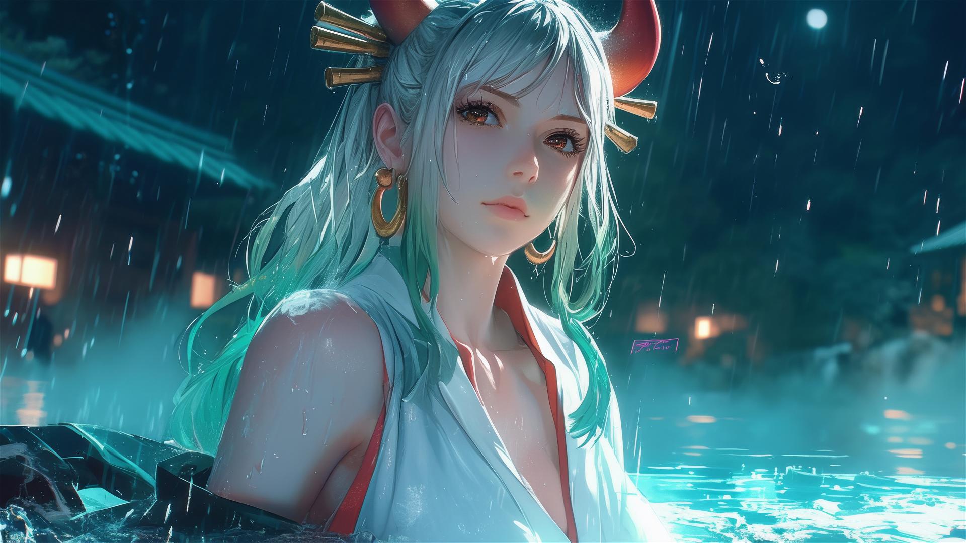 Yamato from One Piece in white dress at rainy pool with moon glow