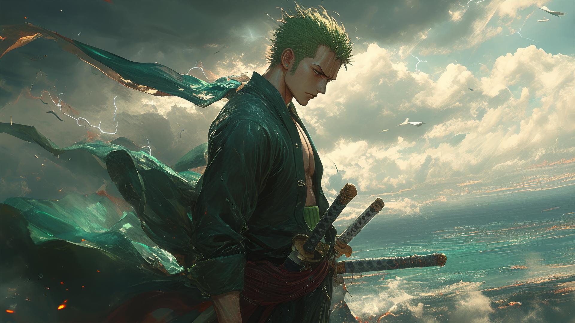 Roronoa Zoro with green hair, stormy sea, distant lightning
