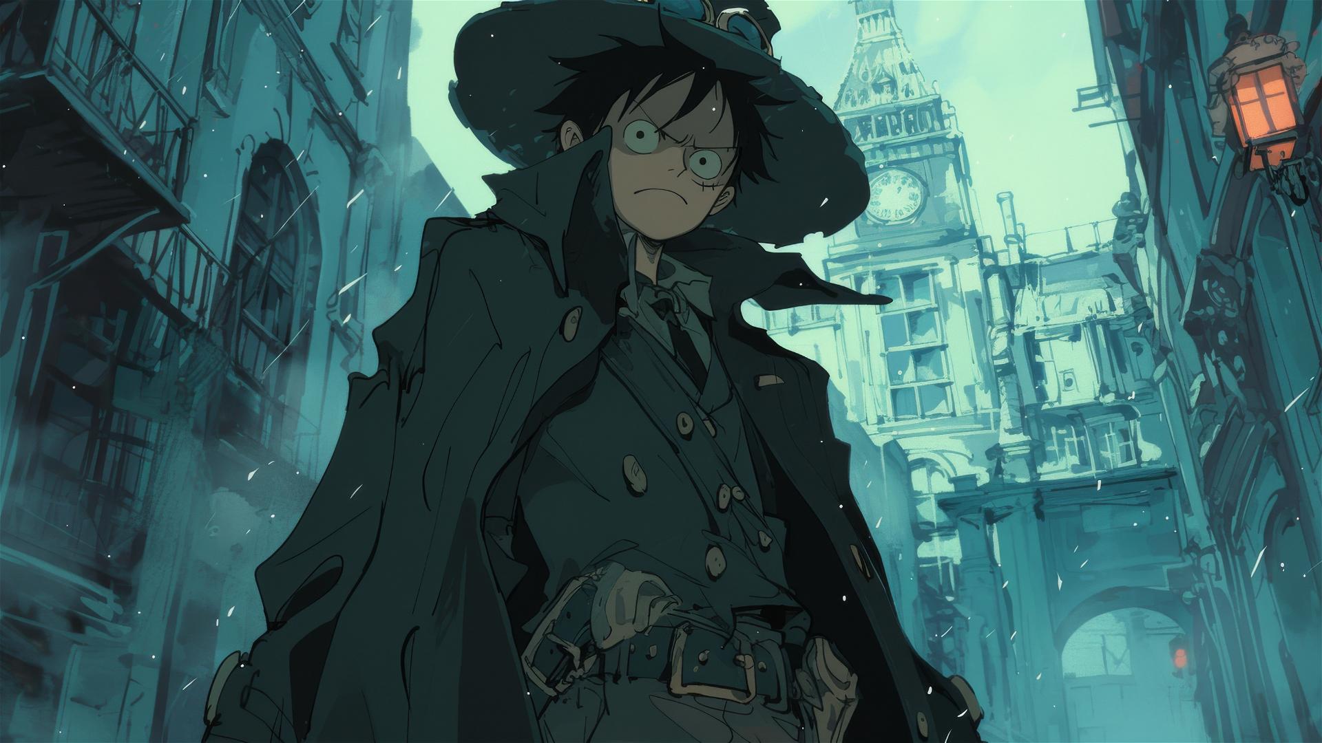 Luffy in detective coat amid Victorian London fog