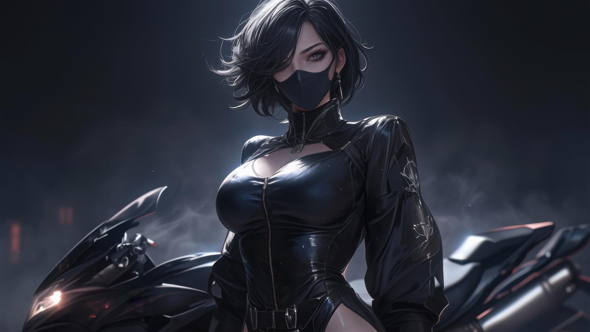 Motorsport racer girl with spotlight effect on thigh, masked face, dark backdrop