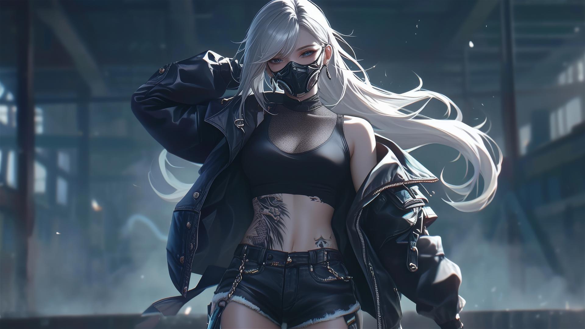 Tactical school girl with masked face and thigh focus in dynamic pose