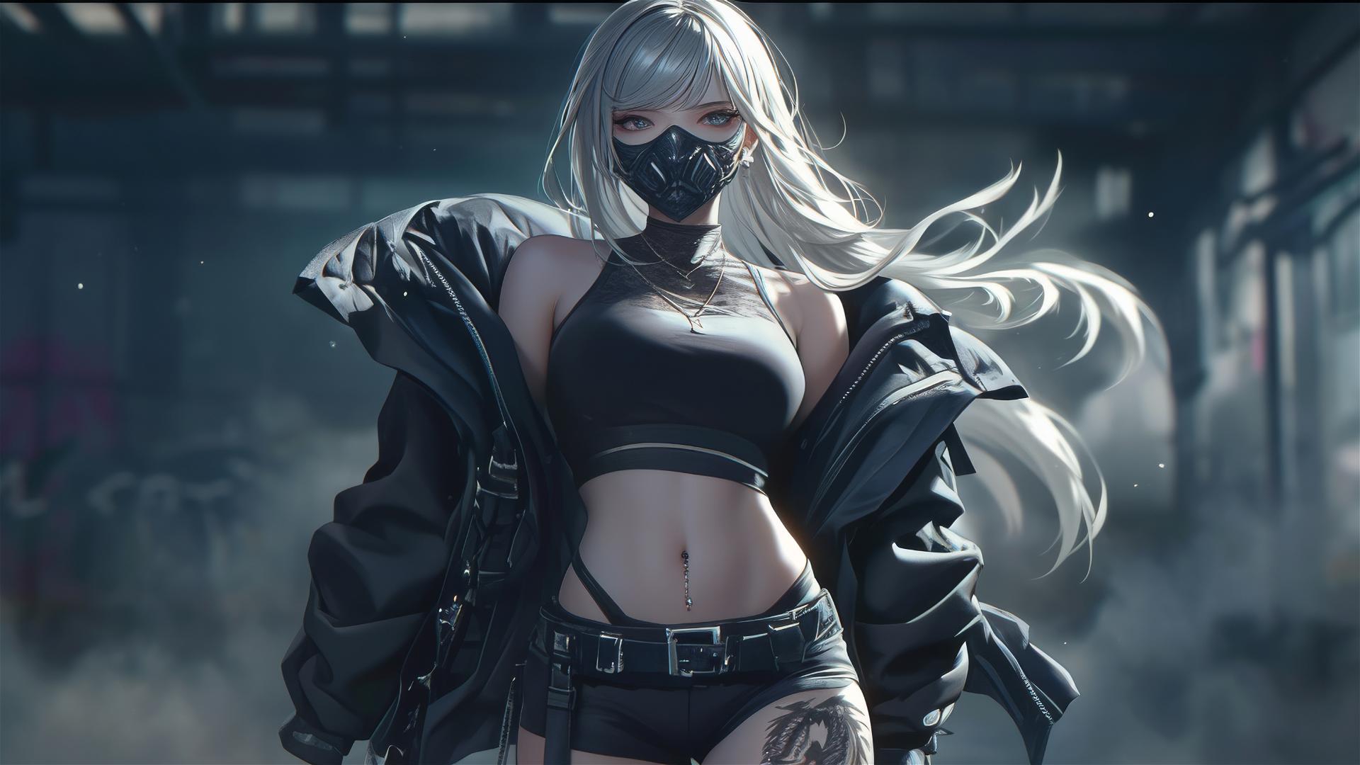 Tactical school girl with a mask and thigh focus in a dynamic pose on a dark background