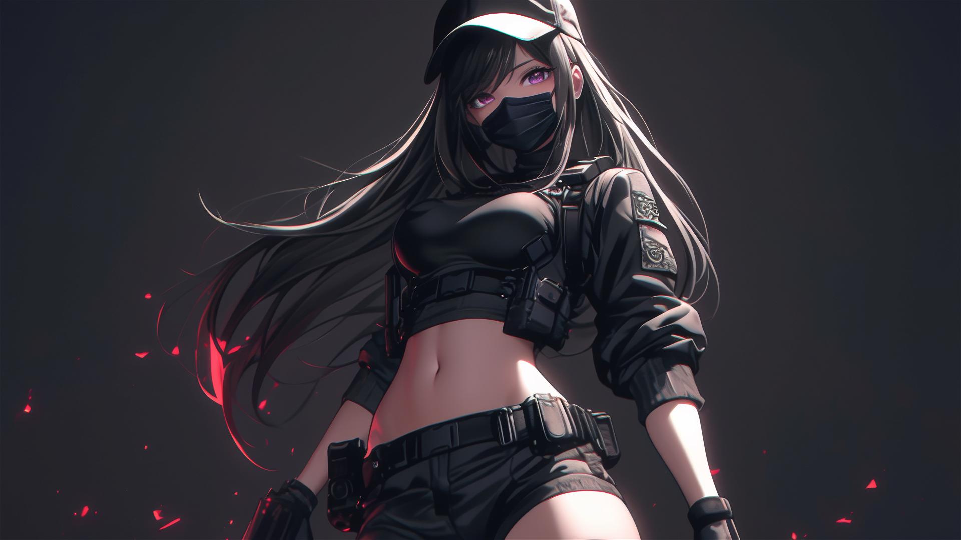 School girl in tactical gear, beautiful, masked, thigh-focused pose, dark background with spotlight.