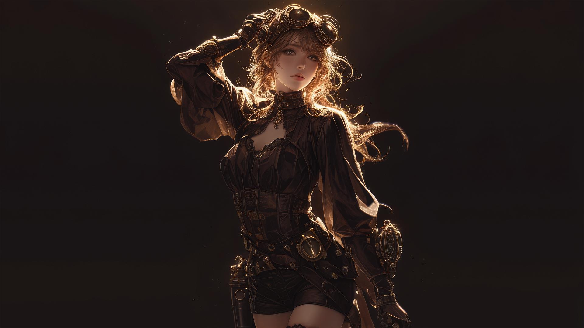 Steampunk adventurer girl in dynamic pose with thigh focus on dark background