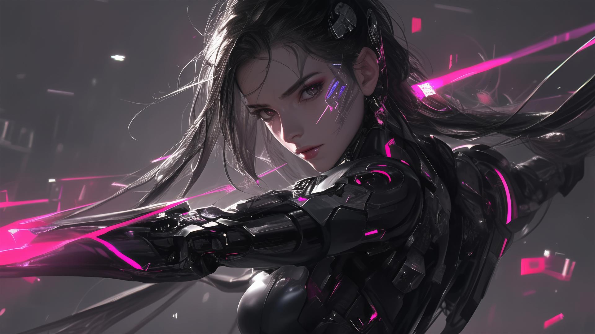 Cybernetic agent girl in dynamic pose with thigh focus on dark background