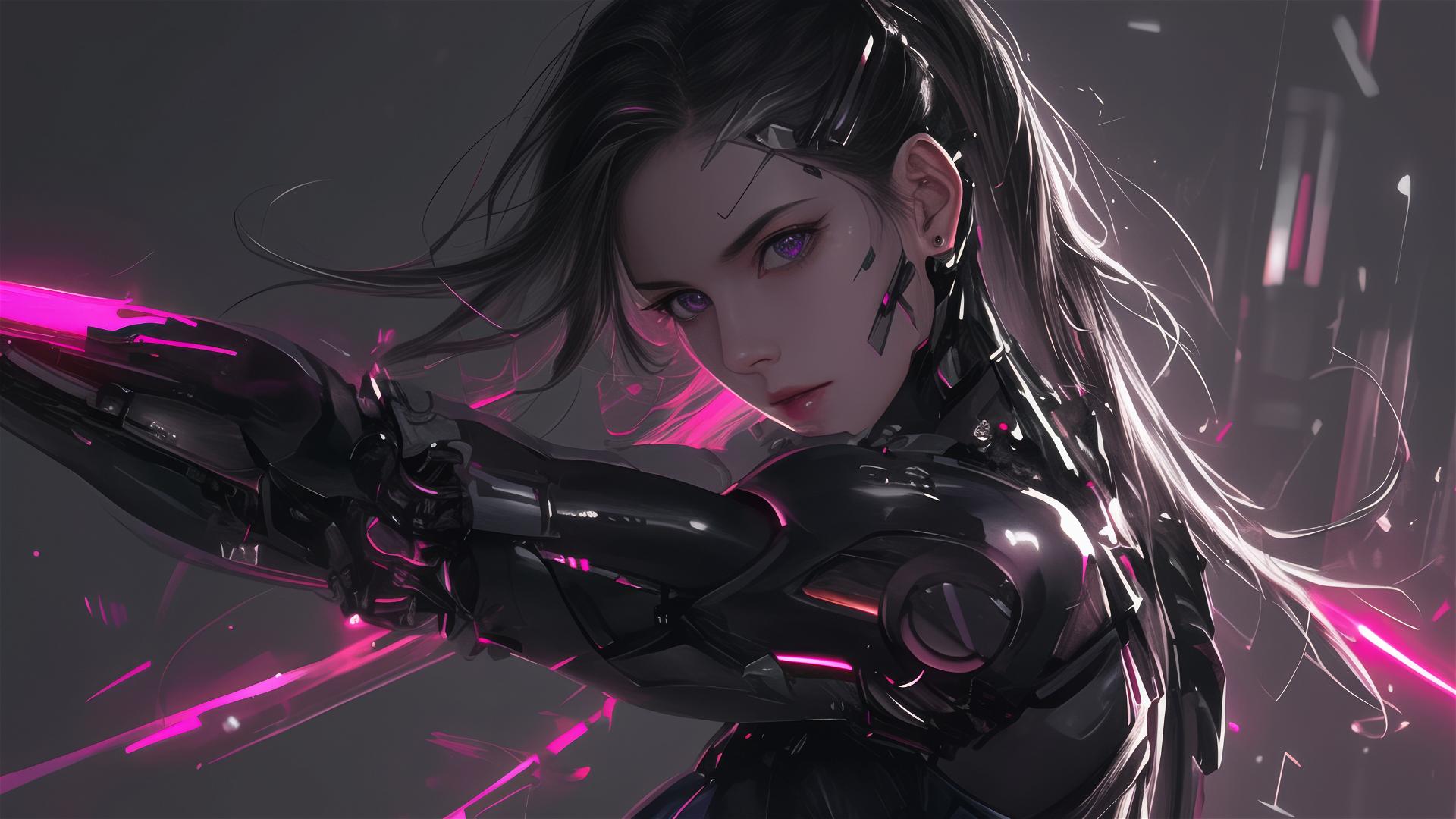Cybernetic Agent Girl in dynamic pose with thigh focus on dark background
