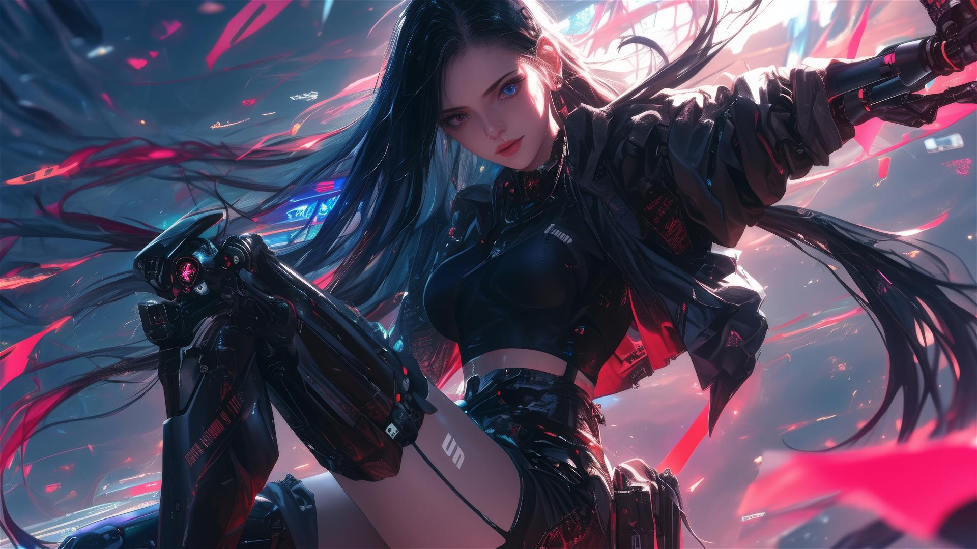 Cyberpunk Girl in dynamic pose with thigh focus on a dark background with spotlight effect