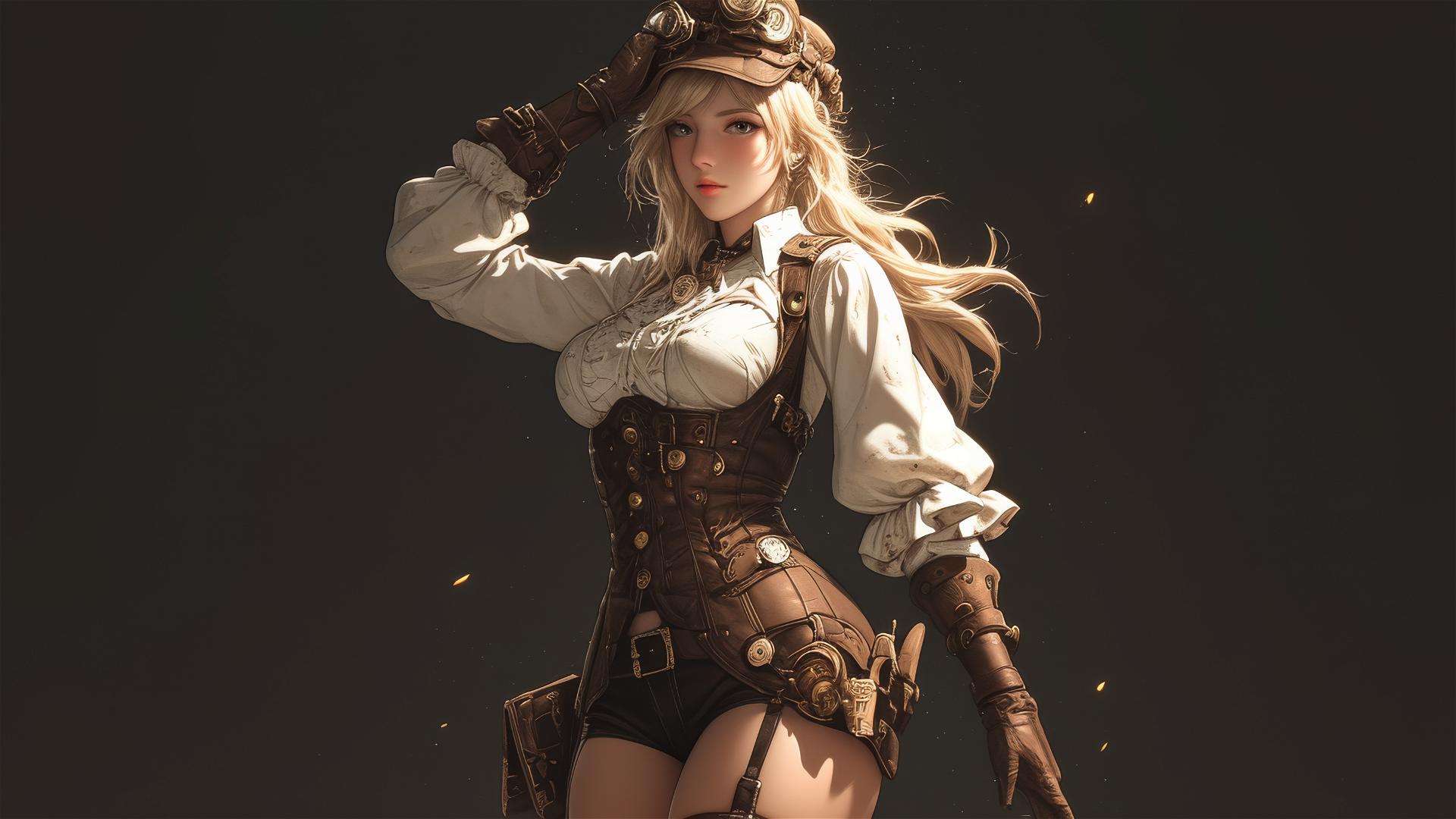Steampunk Adventurer Girl in dynamic pose with thigh focus