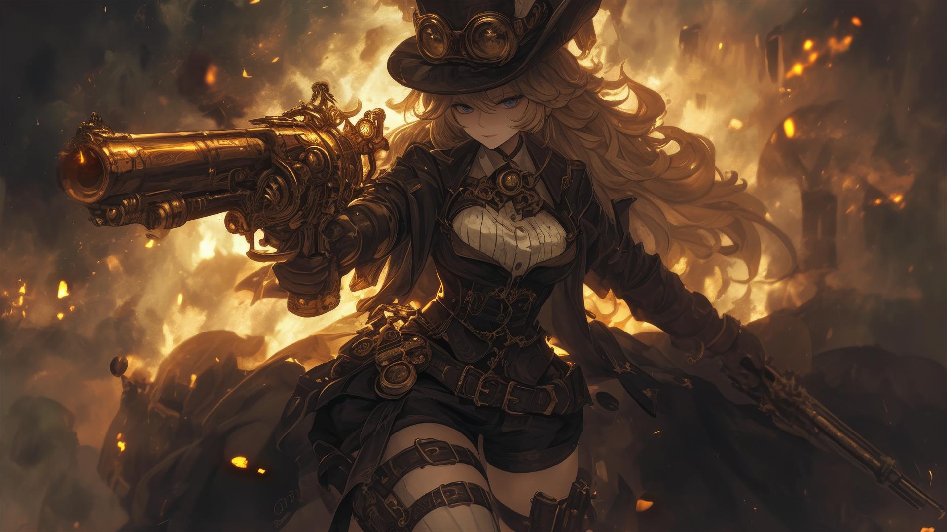 Steampunk Adventurer Girl in dynamic pose on dark background