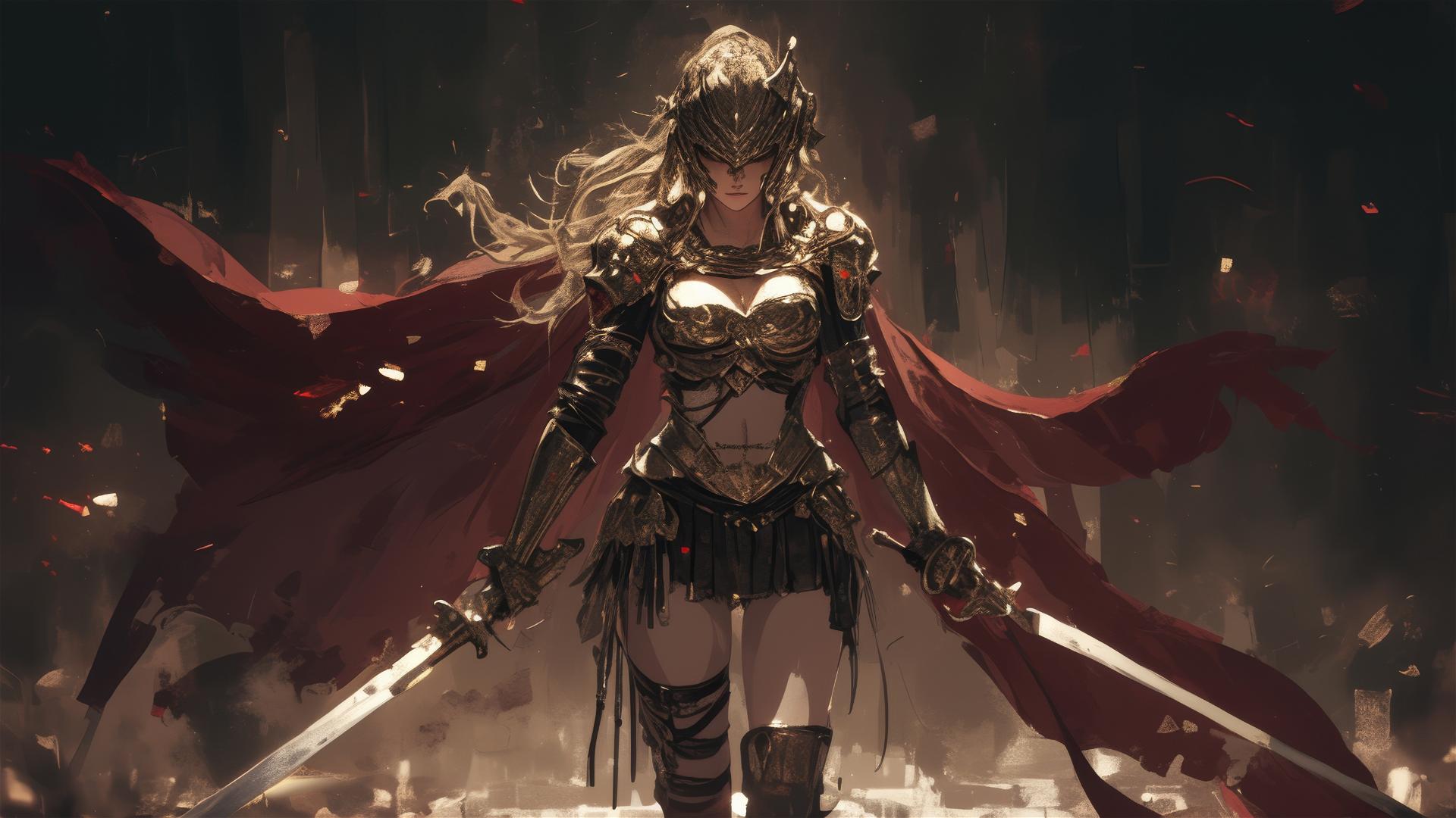 Gladiator warrior girl in dynamic pose with thigh focus on dark background