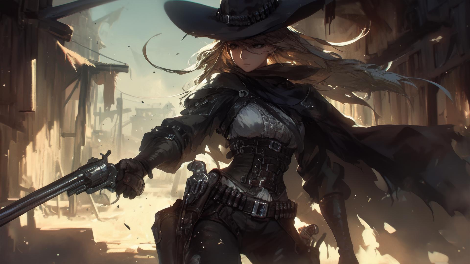 Wild West gunslinger girl with thigh focus on dark background