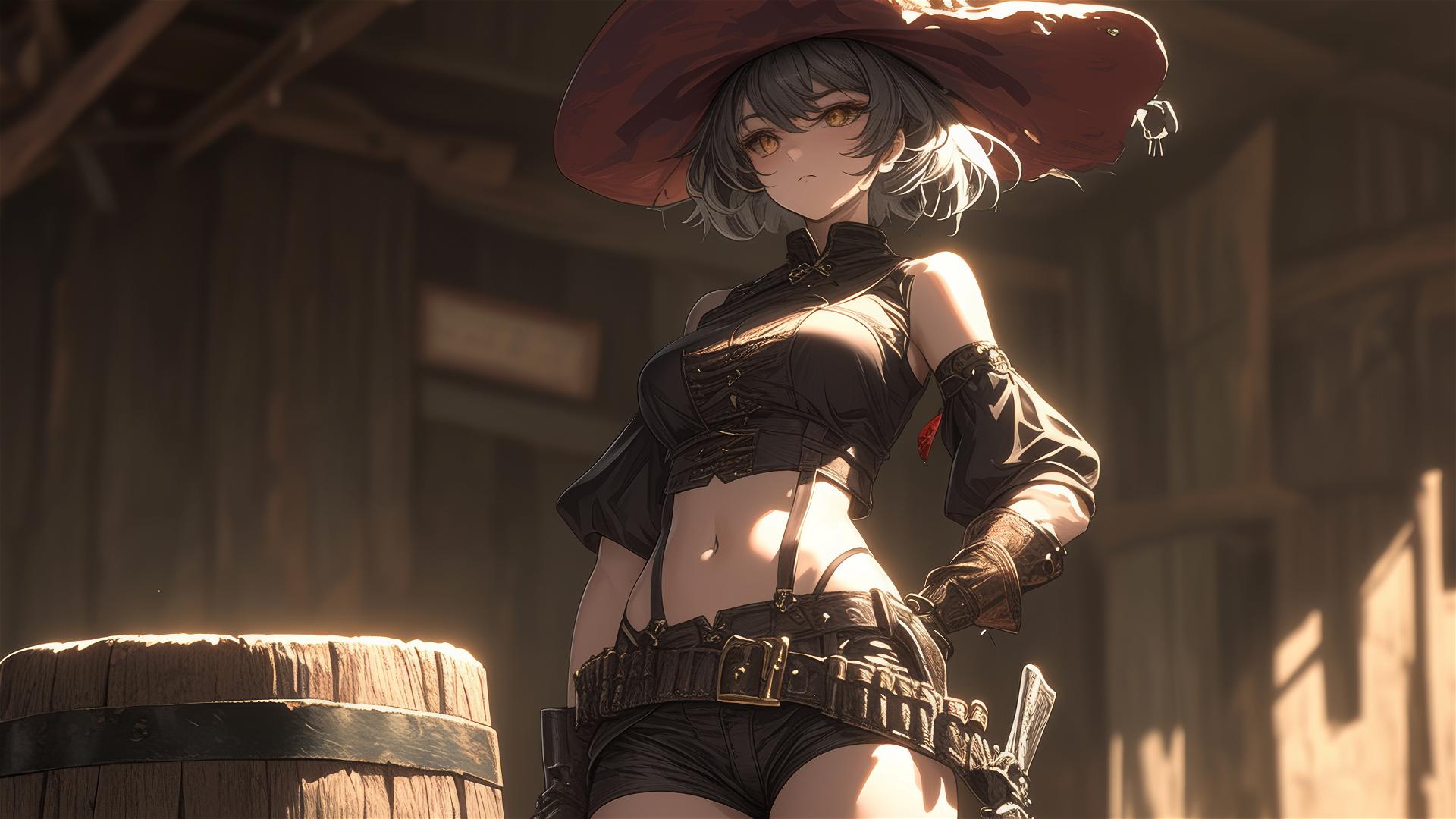 Wild West Gunslinger Girl with thigh focus on a dark background