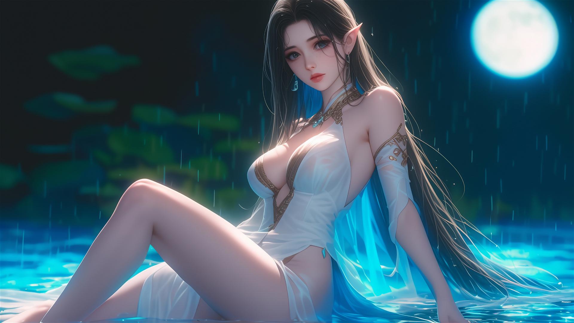 Fantasy elf girl resting by pool with moonlight glow