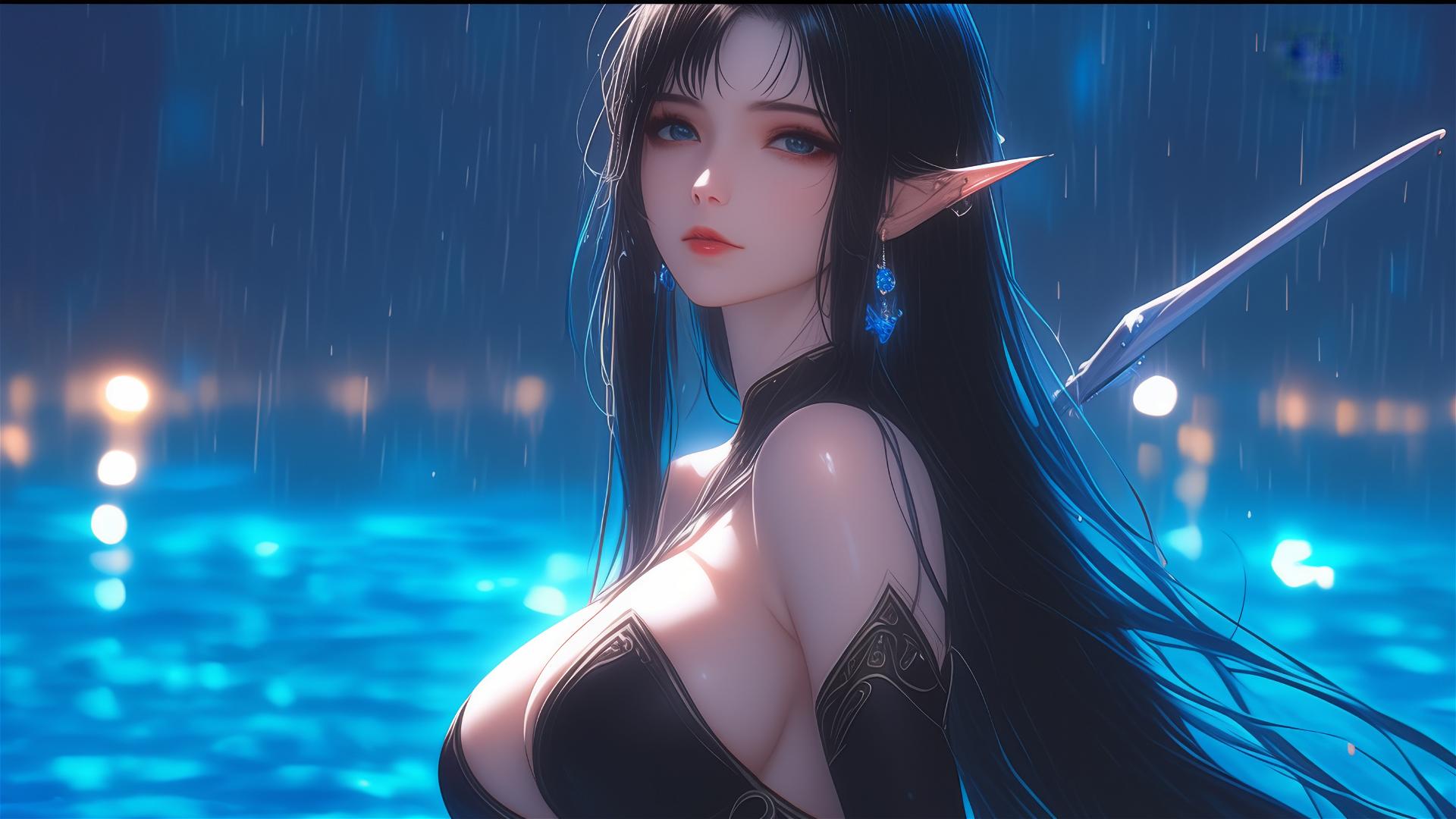 Fantasy Elf girl resting by a pool with moonlight glow