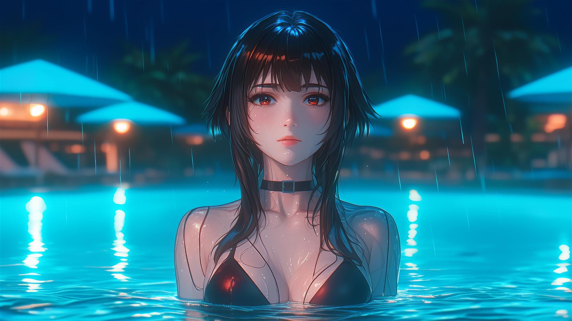 Megumin from KonoSuba in pool with moonlight and rain