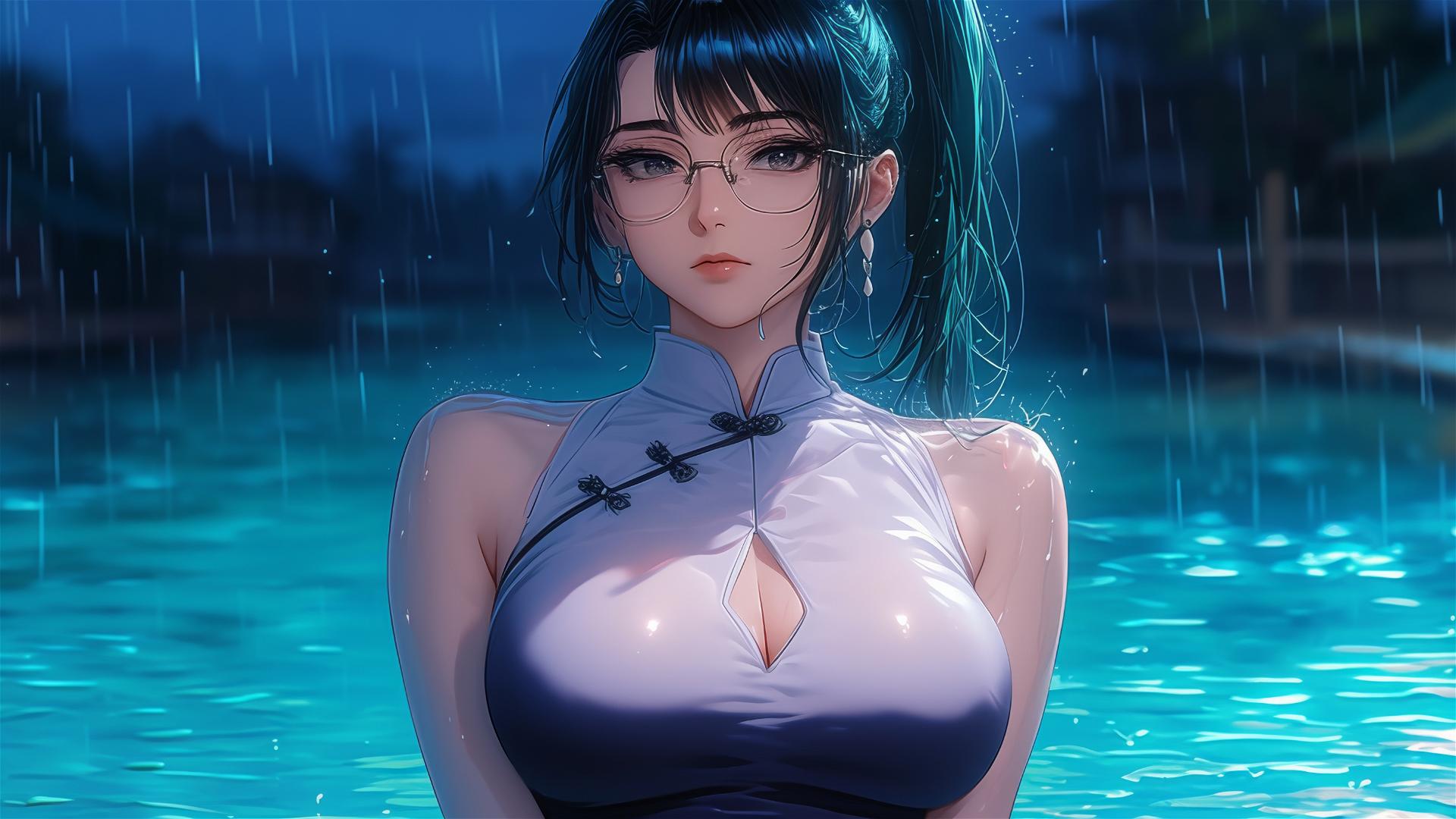 Maki Zenin from Jujutsu Kaisen resting by pool under moonlight, rainy night