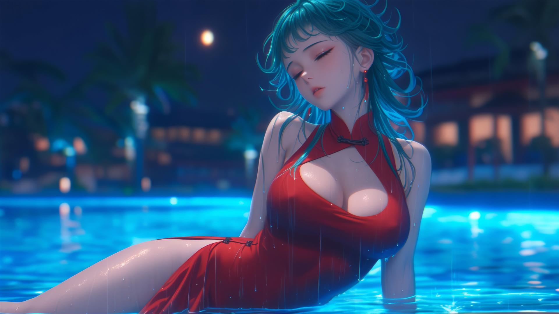 Tatsumaki from One-Punch Man resting by a pool under moonlight in the rain, wearing a red dress