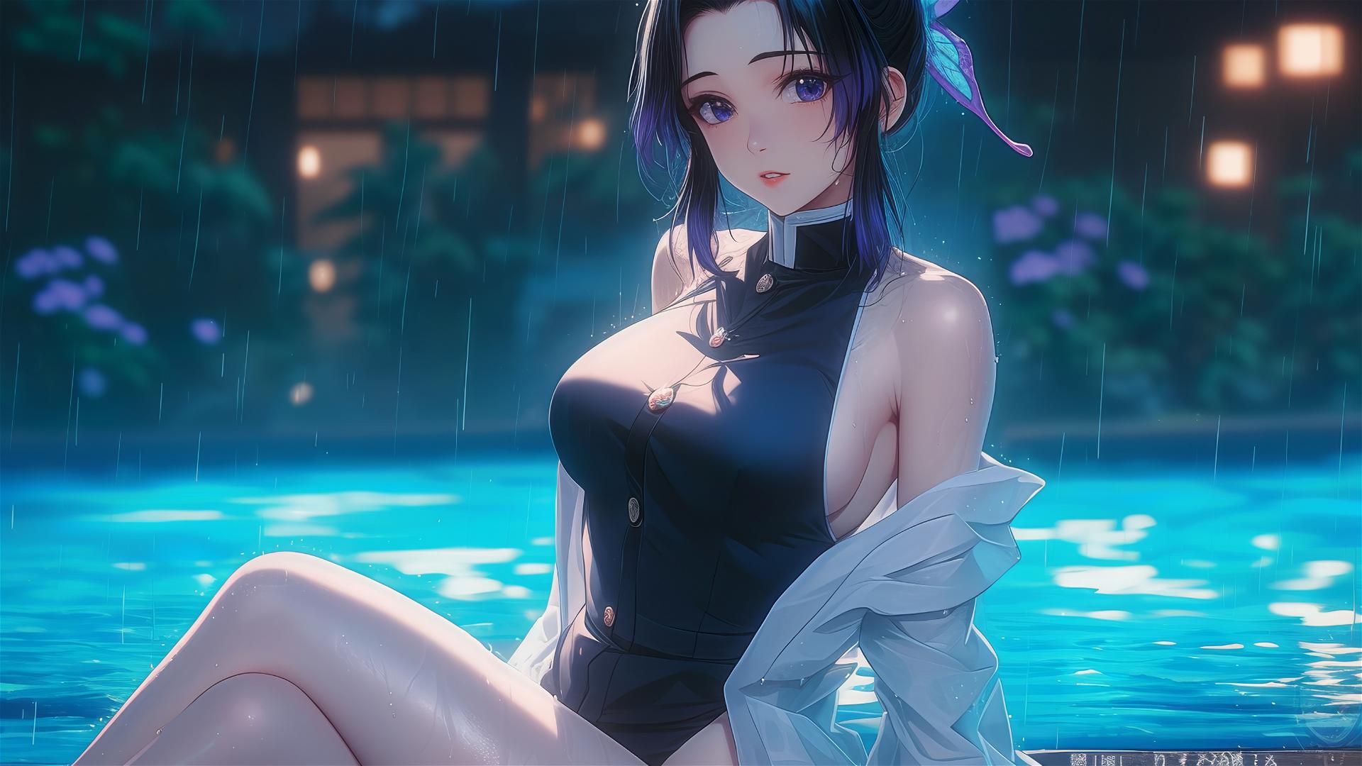 Shinobu Kocho resting by pool in moonlight with rain