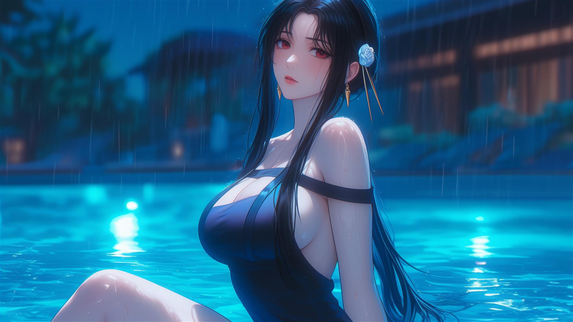Yor Forger from Spy x Family by the pool in moonlight, wearing an apron