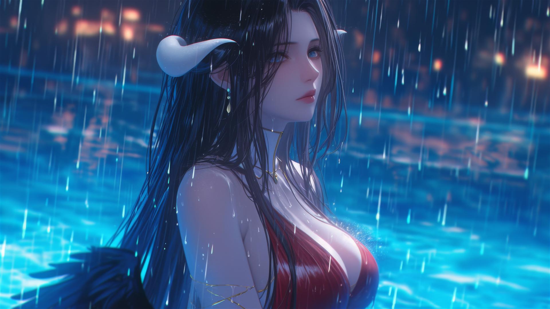 Albedo from Overlord standing in the rain by a pool, moonlight illuminating her red dress