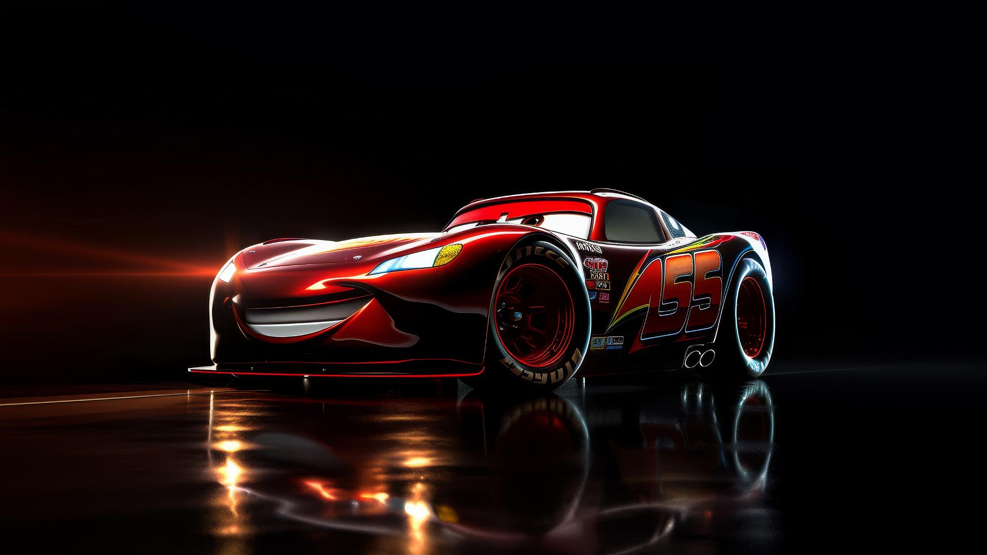 Pixar-style drawing of Lightning McQueen in Harry Potter with spotlight effect.