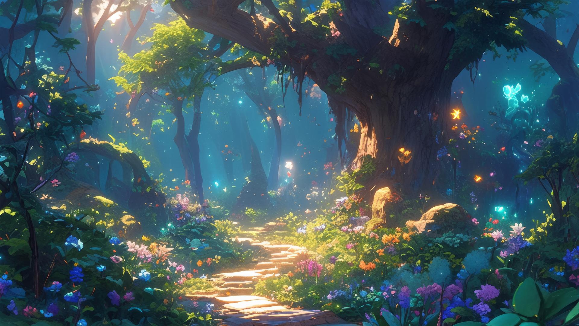 Path through enchanted forest with glowing flora and friendly spirits.
