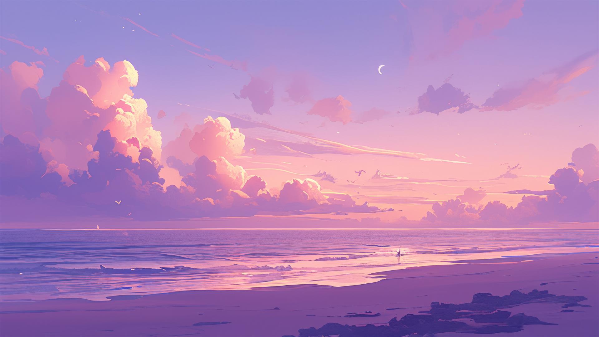 Dreamy beach with pink and purple twilight sky reflecting calm sea