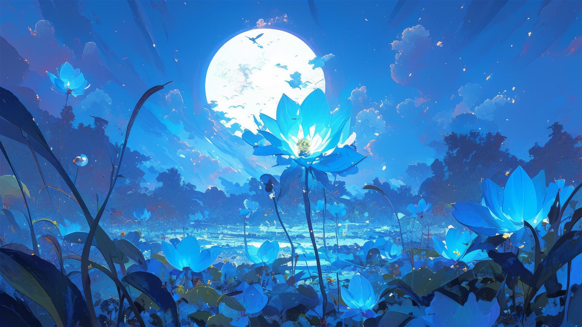 Luminescent night flowers blooming on a remote island