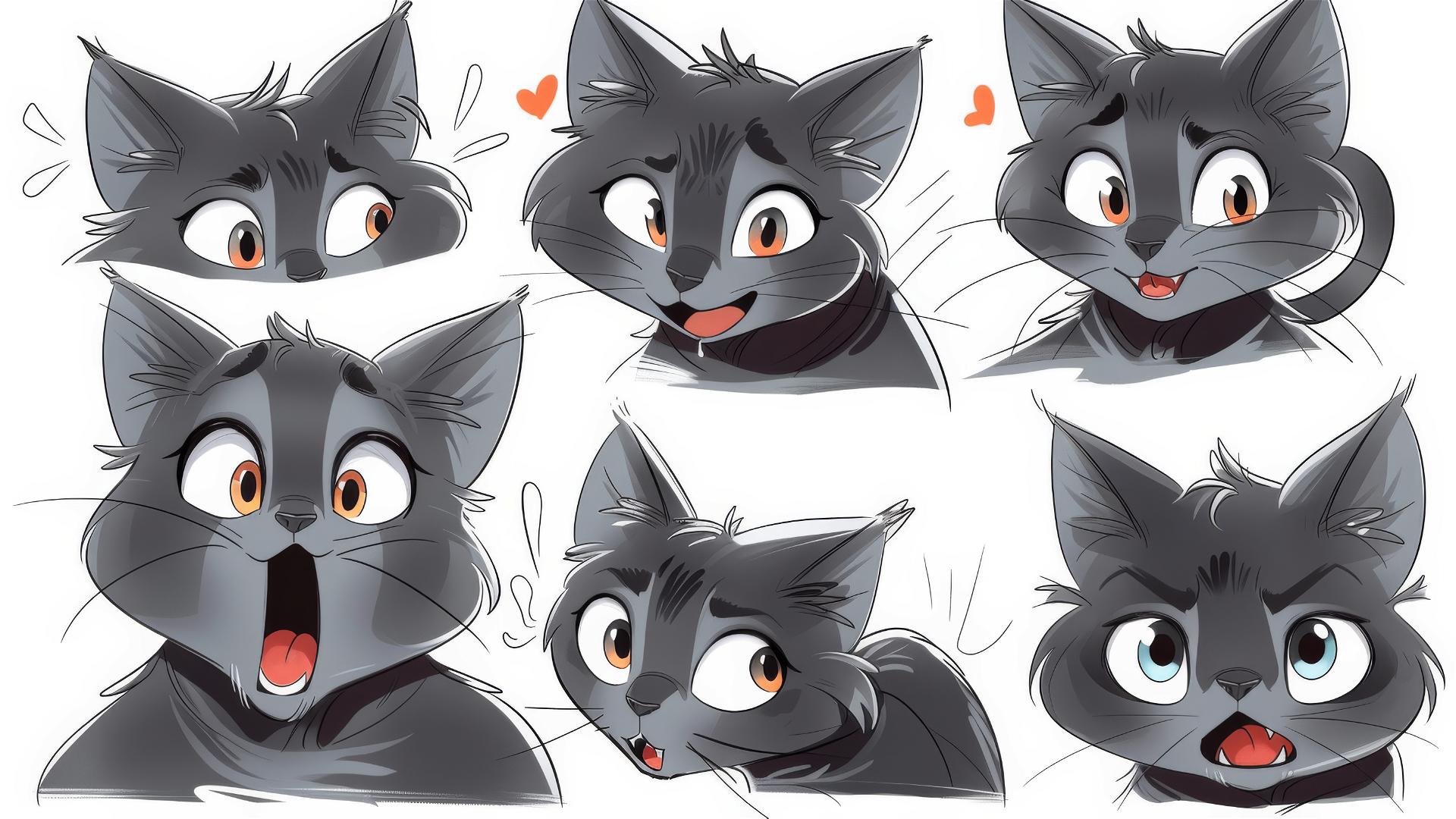 Gray cat with various expressions on white background