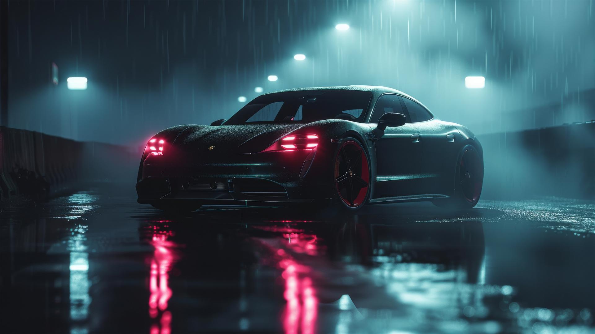 Closeup view of a Porsche Taycan in dim, gothic gloomy lighting, surrounded by fog