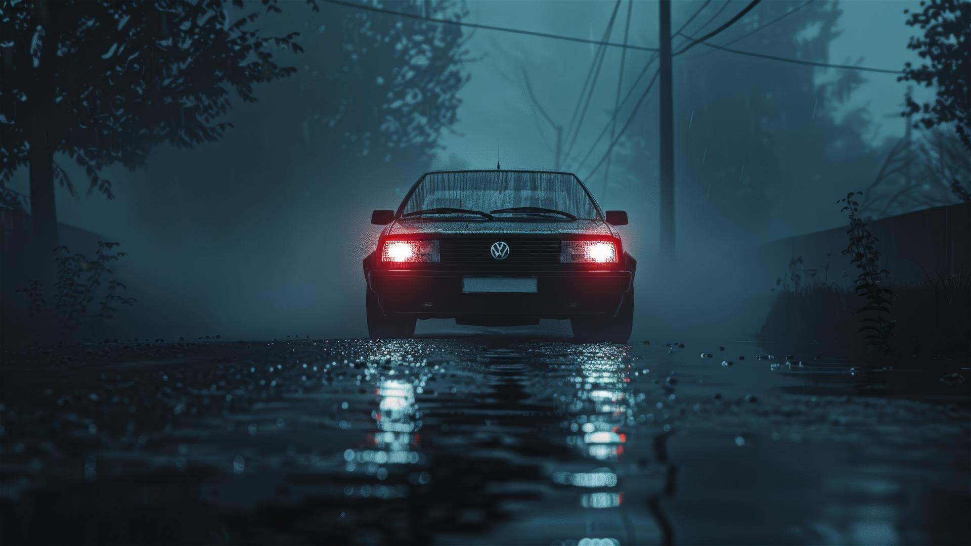 Closeup view of a Volkswagen Jetta in foggy, dim, Gothic gloomy lighting