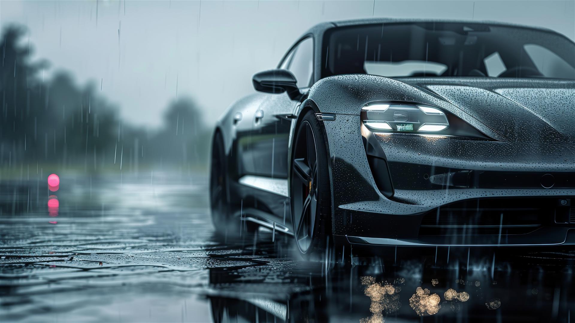 Porsche Taycan in dim, gothic lighting with fog