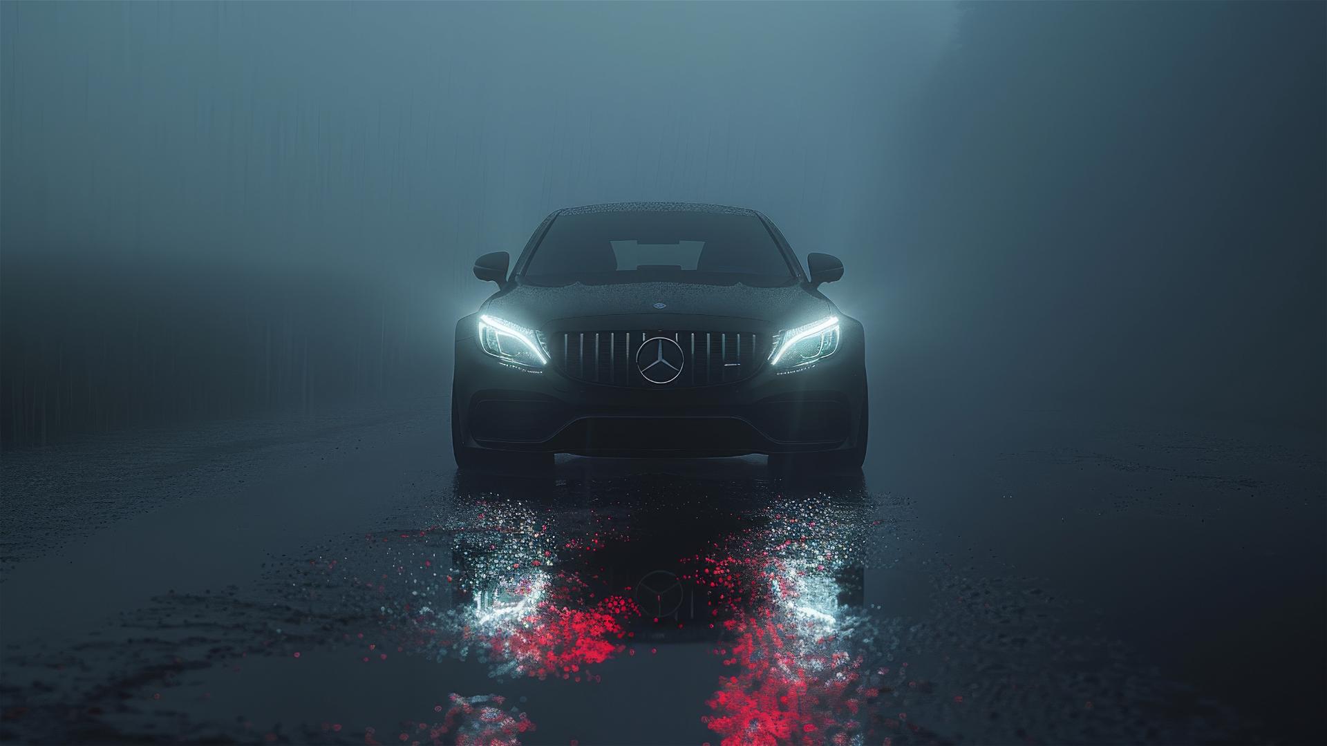 Closeup view of a Mercedes-Benz C-Class in dim, foggy, gothic gloomy lighting