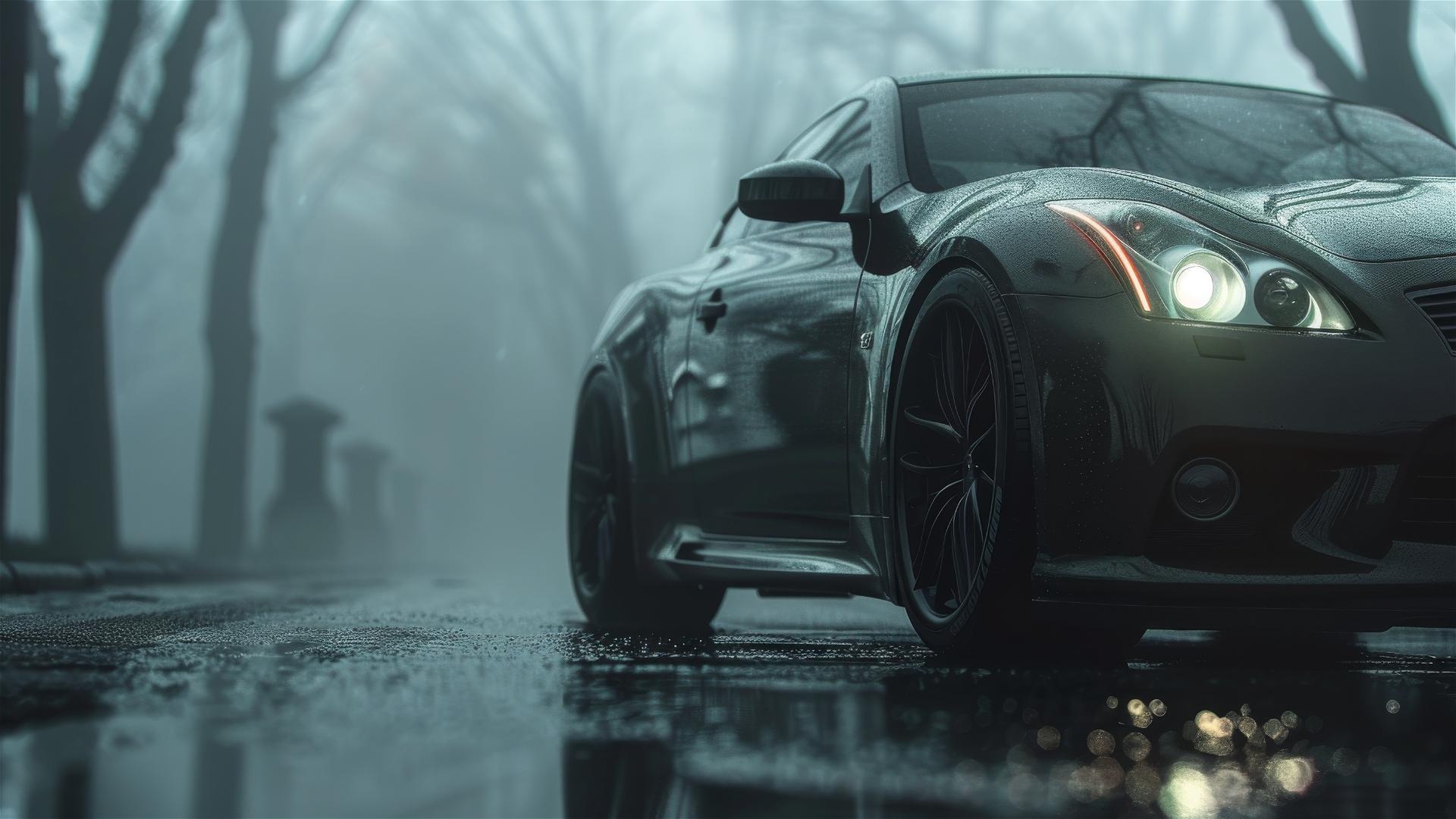 Photorealistic closeup of a foggy Infiniti G37 under dim, gothic lighting