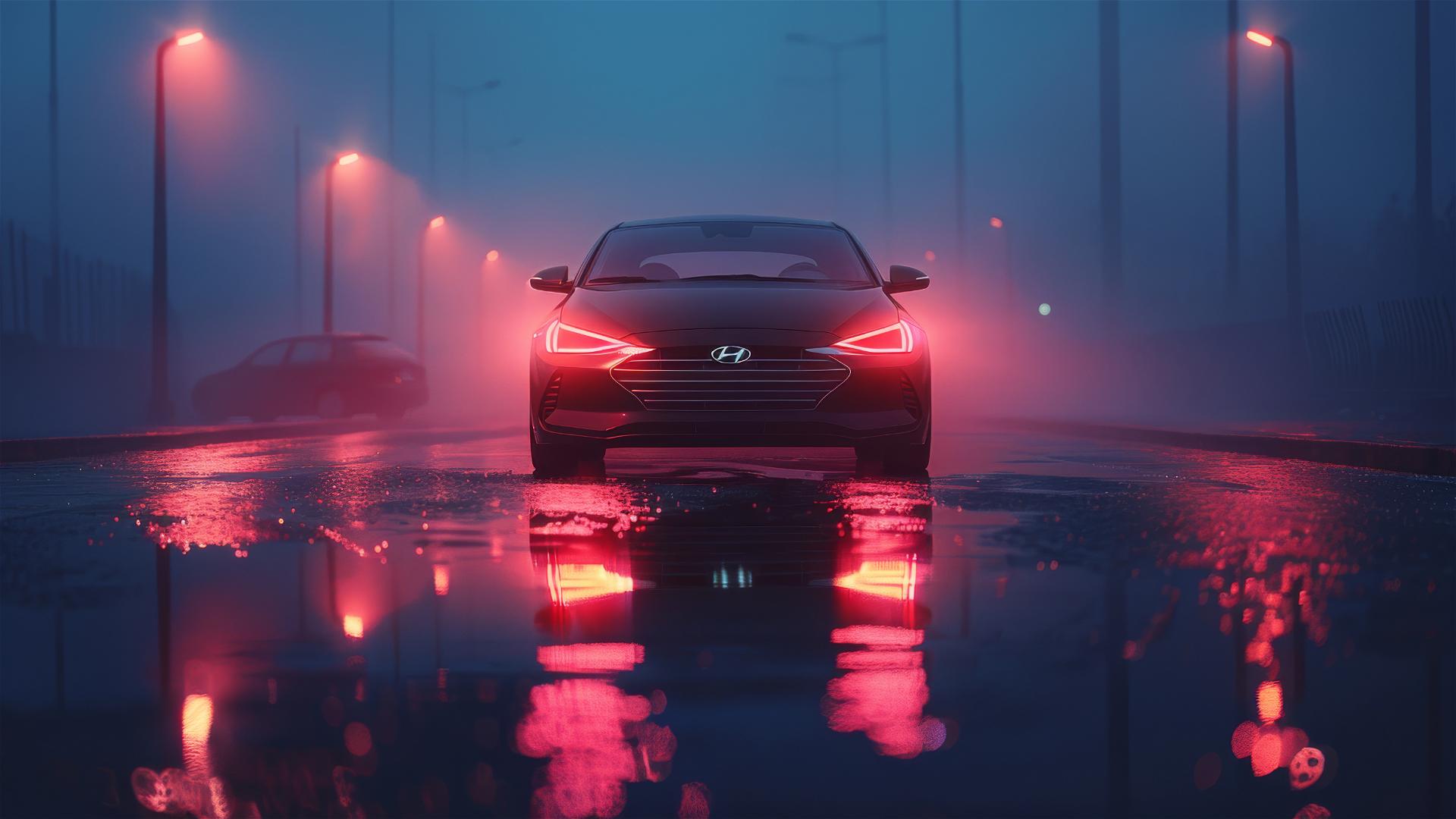Hyundai Elantra in dim, foggy gothic setting, closeup and photorealistic