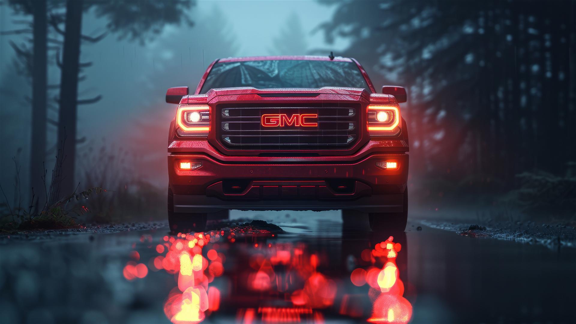 Gothic gloomy image of a GMC Sierra in dim lighting and foggy conditions with a closeup view.
